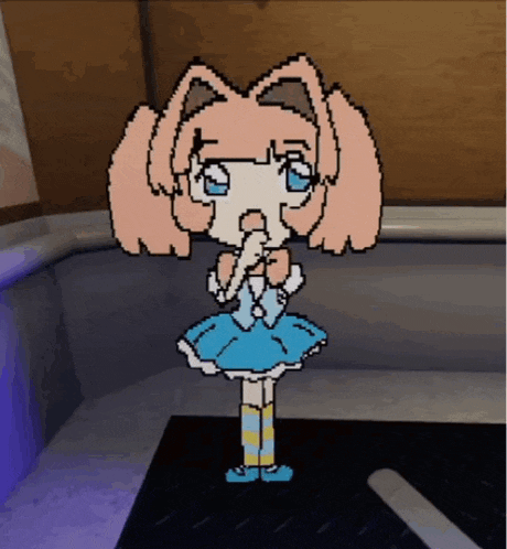 a pixel art drawing of a girl with pink hair