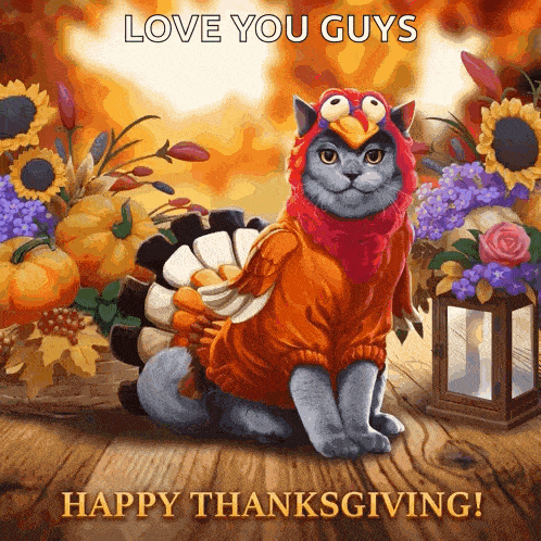 a cat dressed as a turkey is sitting on a wooden table with flowers in the background