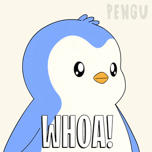 a blue and white penguin with the word whoa on it