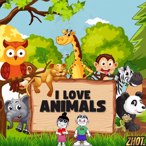 a sign that says " i love animals " is surrounded by cartoon animals